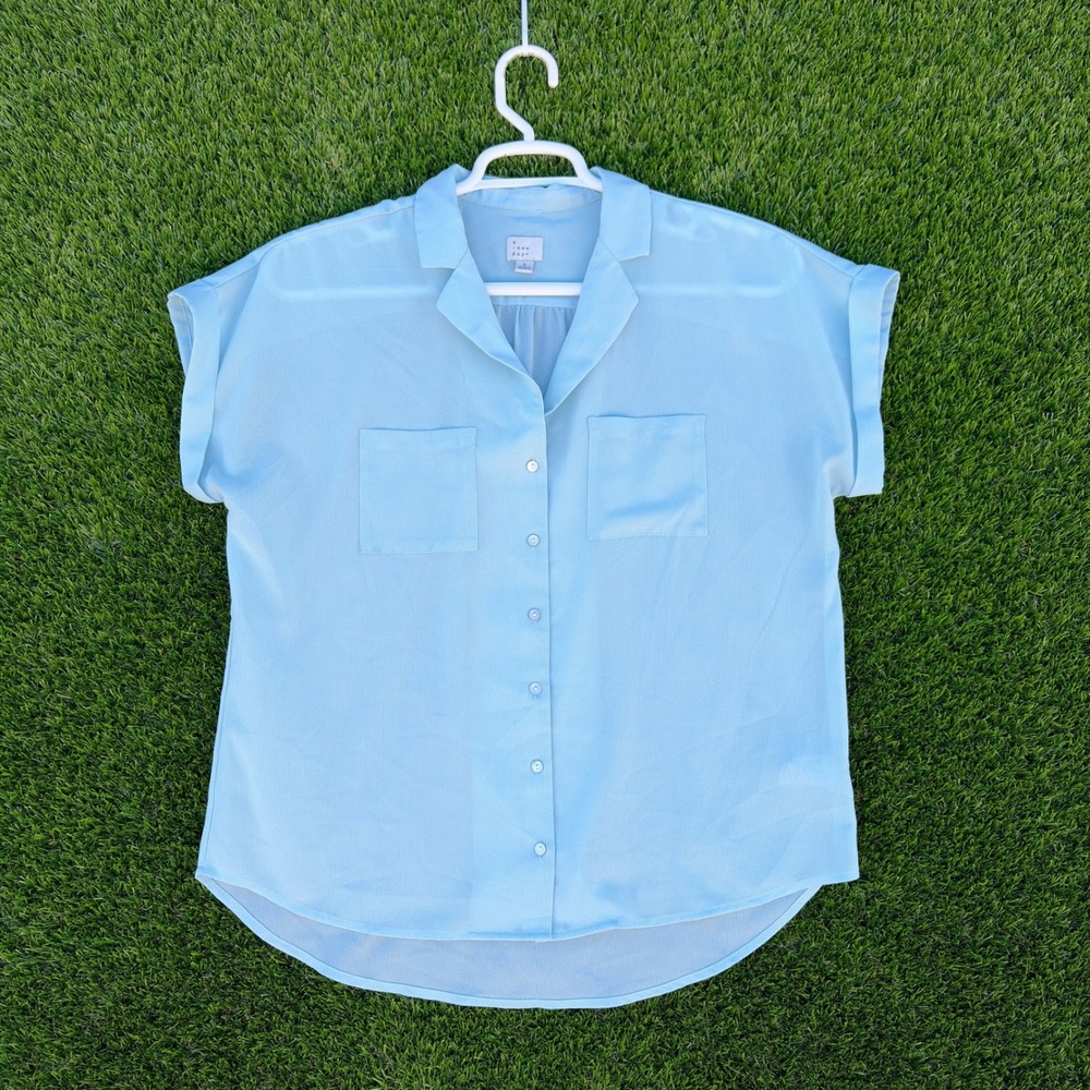 A New Day Blouse Womens Large Light Blue Short Sleeve Button Front Pocket Top
